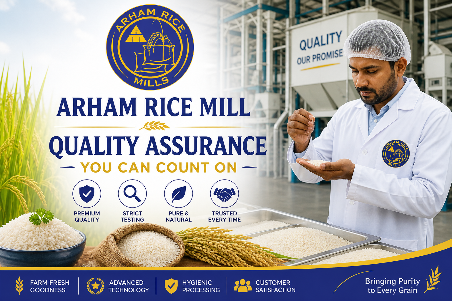 Arham Rice Mill quality assurance process with expert inspecting rice grains in modern hygienic rice processing facility
