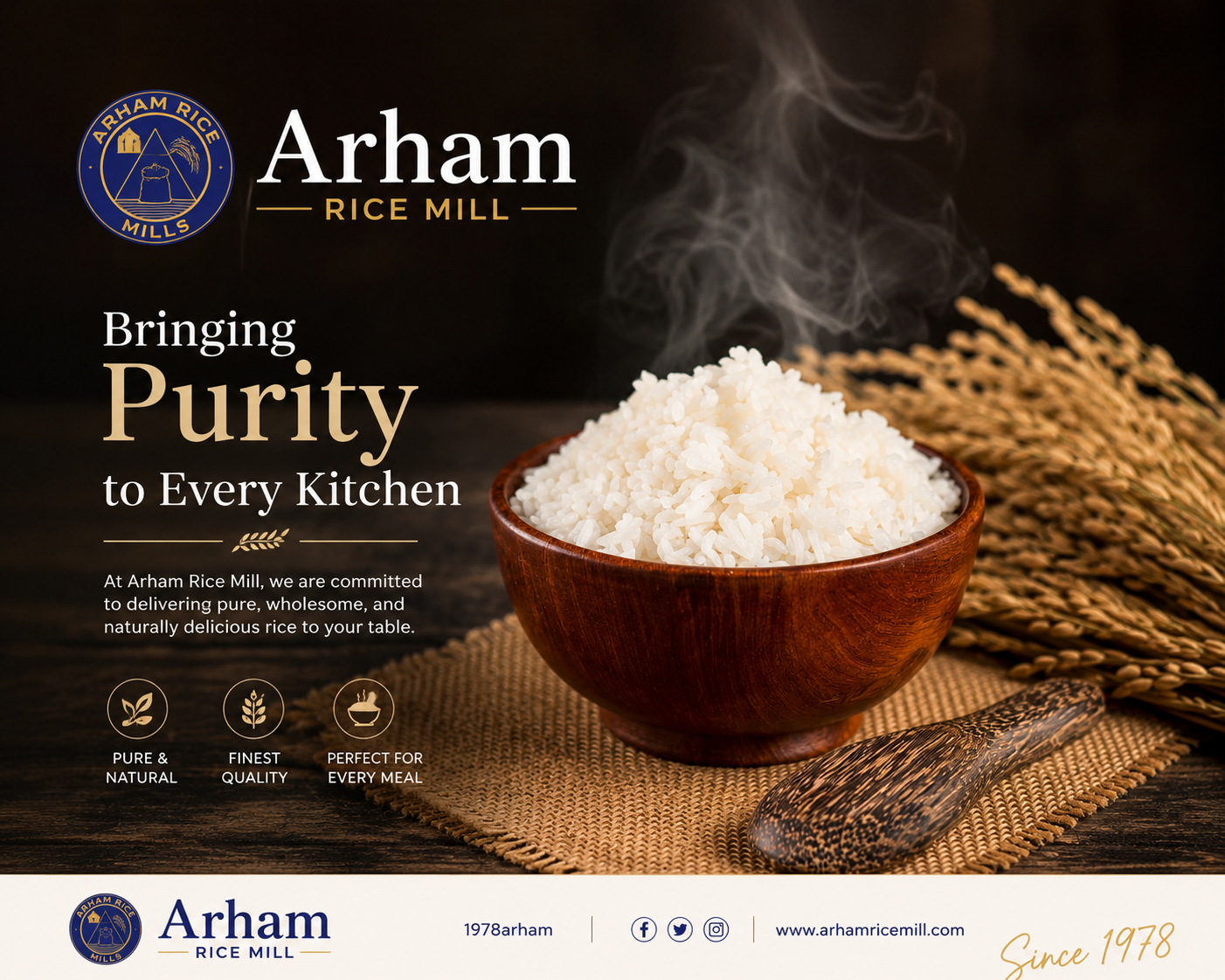 Steaming bowl of premium white rice with Arham Rice Mill branding and natural rice grains on a dark kitchen background