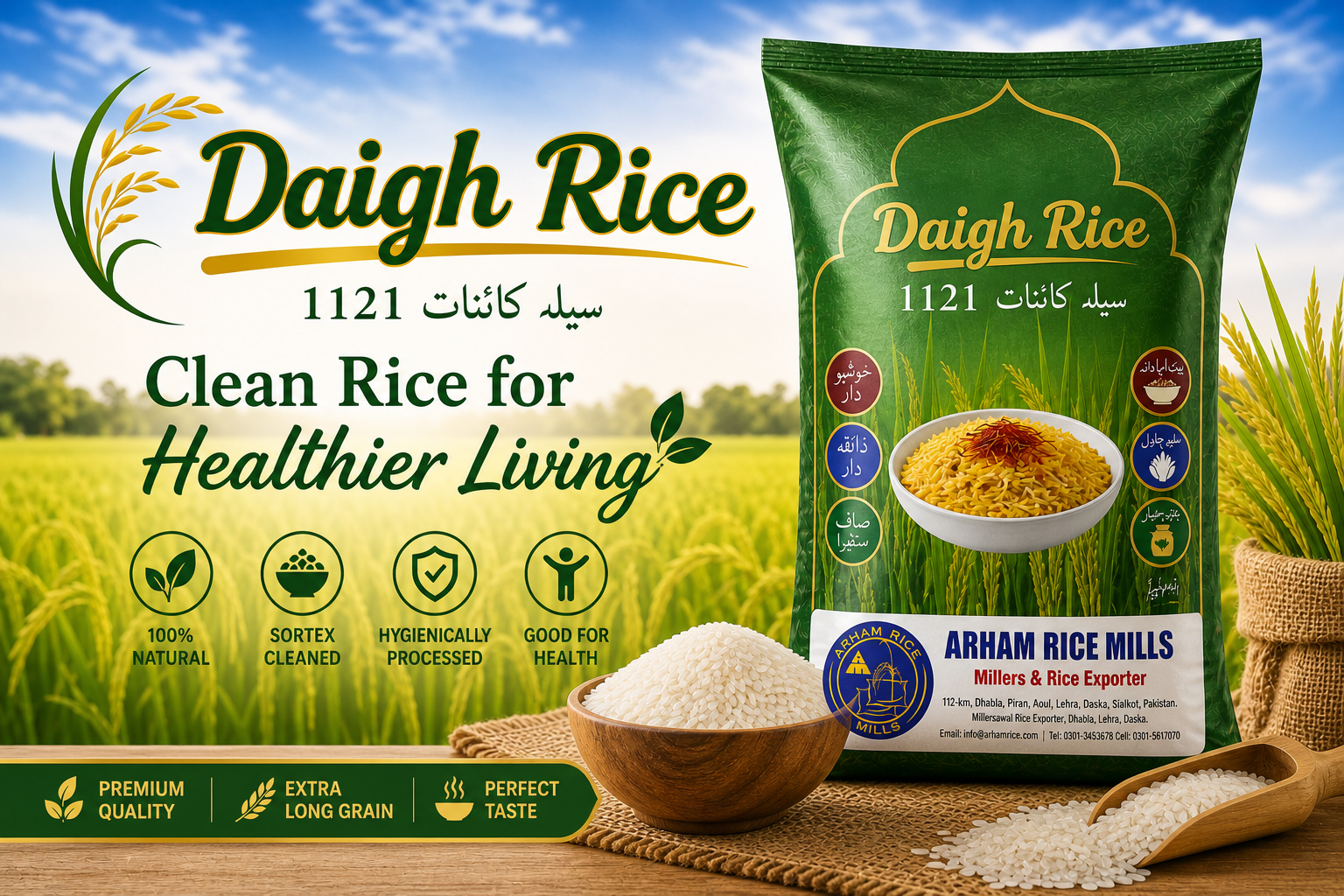Daigh Rice 1121 premium basmati rice packaging with clean, hygienic, and healthy rice grains in a natural farm setting