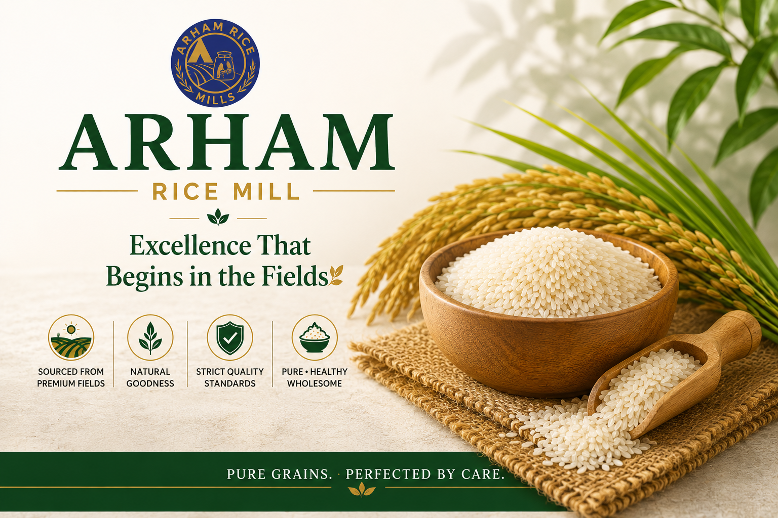 Premium rice grains in a wooden bowl with fresh rice plants and Arham Rice Mill branding highlighting field-to-table rice excellence