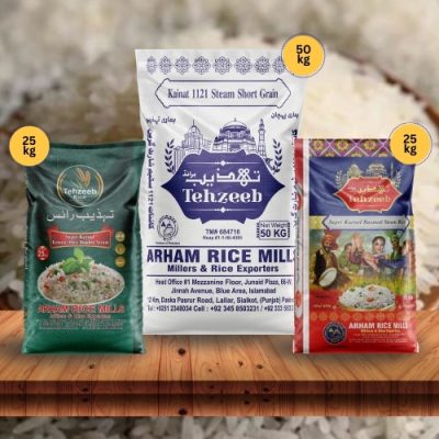 Arham Rice Mills basmati rice bags including Tehzeeb Super Kernel and Kainat 1121 Steam Rice in 25kg and 50kg packaging.